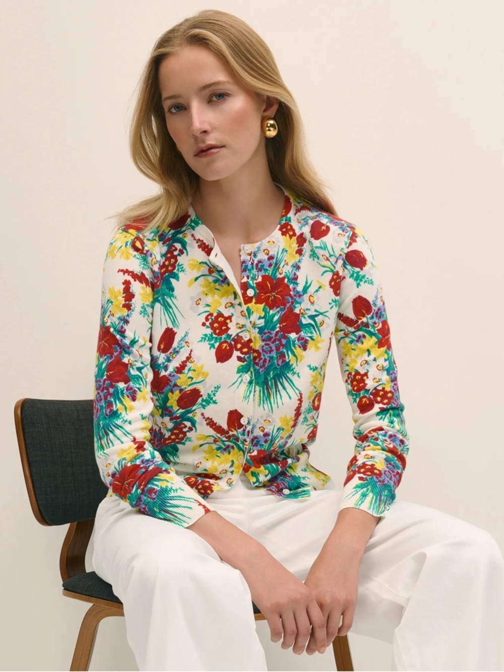 Brooks Brothers Floral Cardigan Cotton Sweater White Multi Women’s Medium Preppy